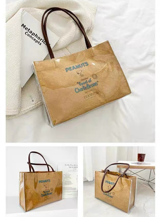 PEANUTS Cafe NGO Brown Bag Tote Crinkled Waterproof Snoopy One Mile Shopper Bag