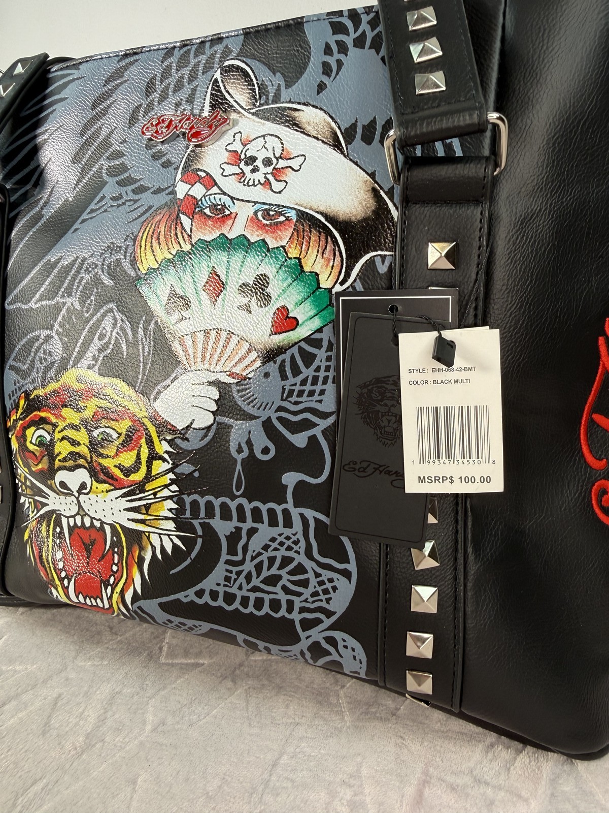 Ed Hardy Studded Tattoo Print Shoulder Bag