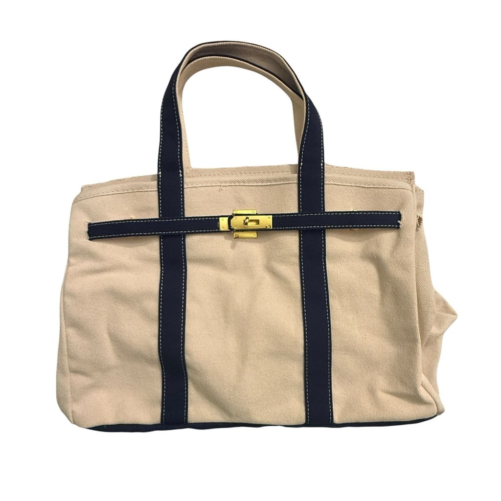 Canvas Boatkin Tote Bag in Natural and Navy with Gold Lock Hardware