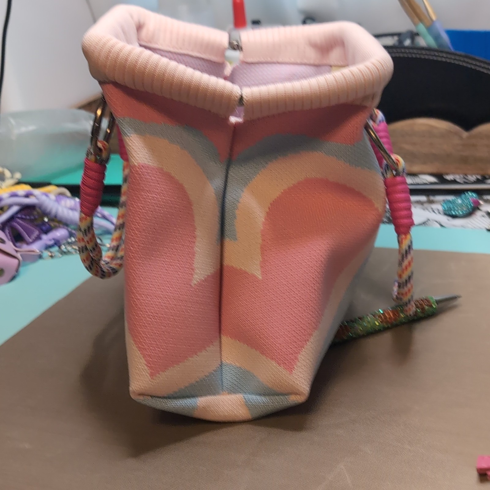 Women’s Small Pink/Blue Hearts Tote Bag, Rope Top Handle, Lined Pockets, Charm