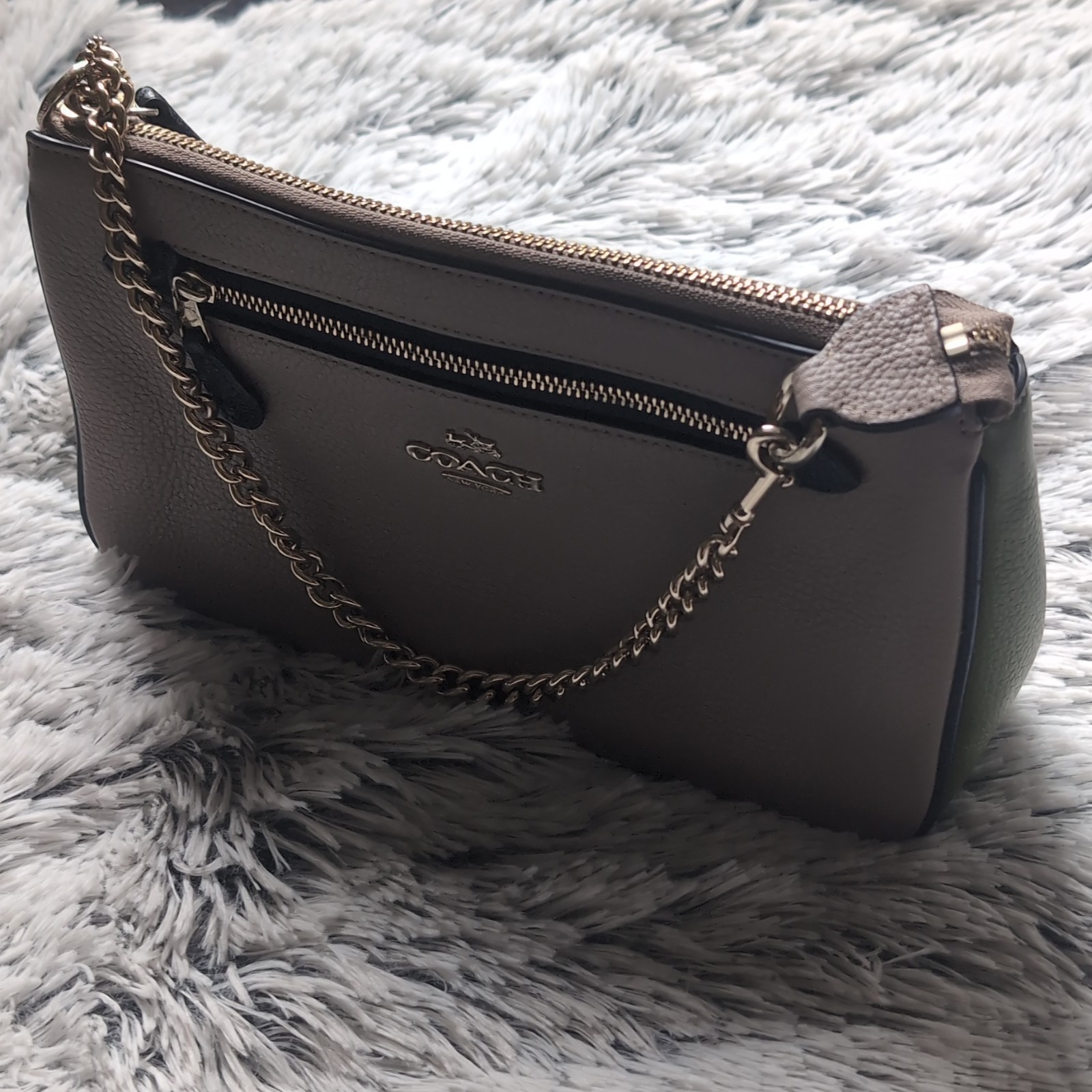 Coach Nolita 24 Beige/Green Colorblock Pebbled Wristlet Chain Strap