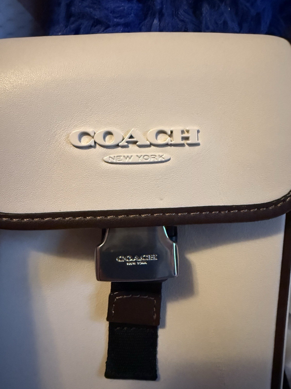 Coach New York Small Crossbody Phone Bag White/Brown, Black Strap, Buckle