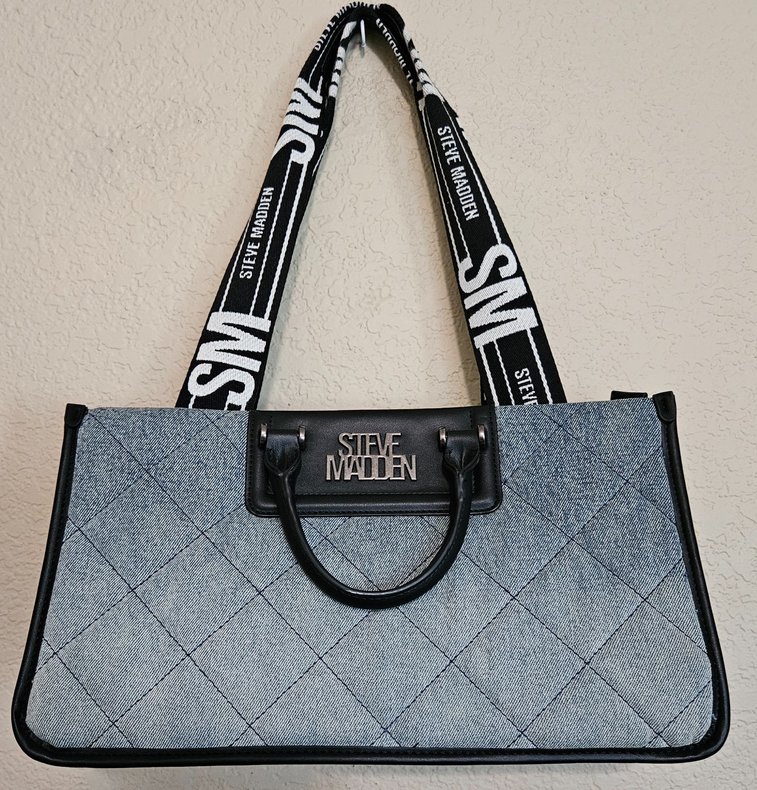 Steve Madden Denim Quilted Tote Shoulder Bag Blue Black Double Handle Purse