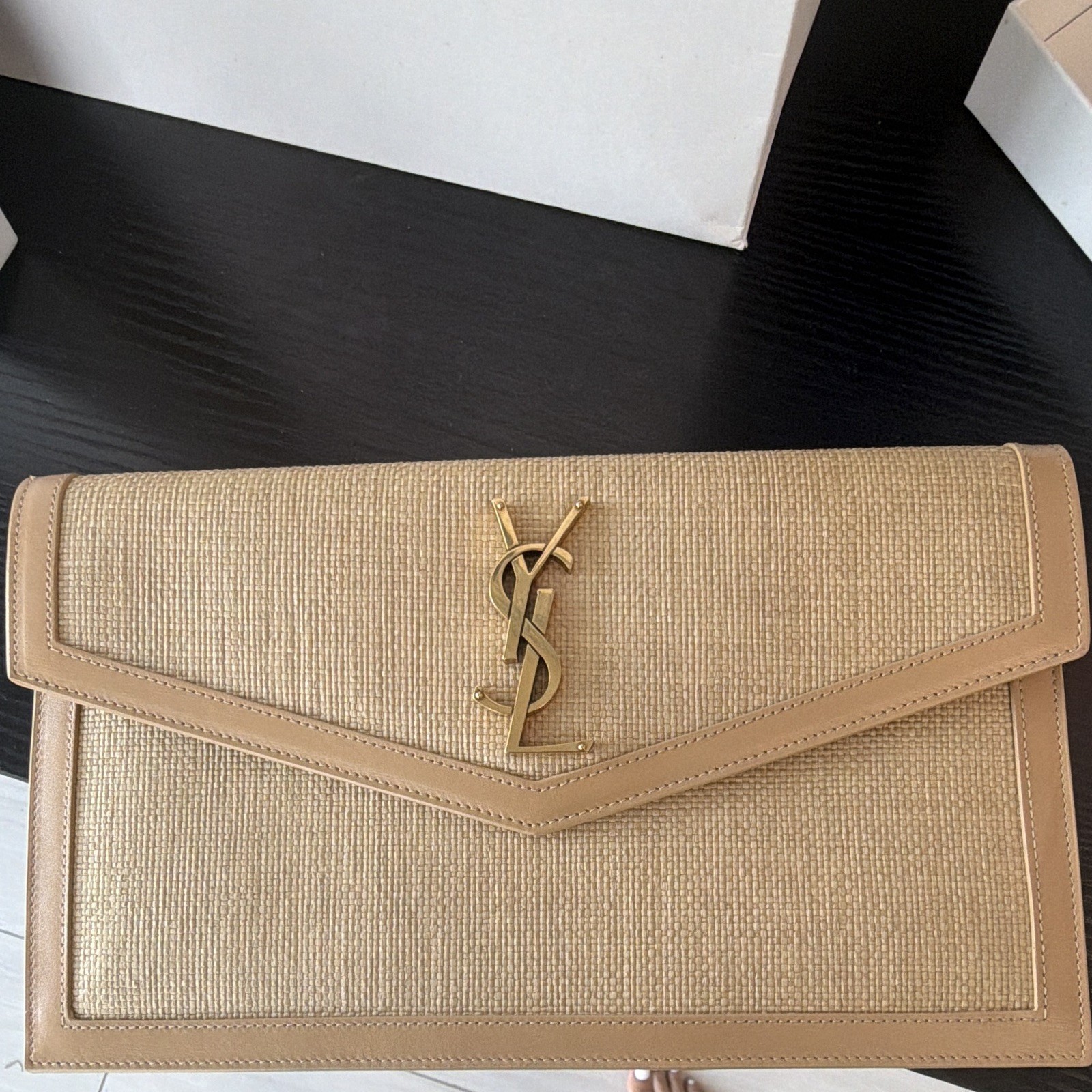 Saint Laurent YSL Medium Beige Clutch Gold Logo Magnetic Close Dust Bag Card