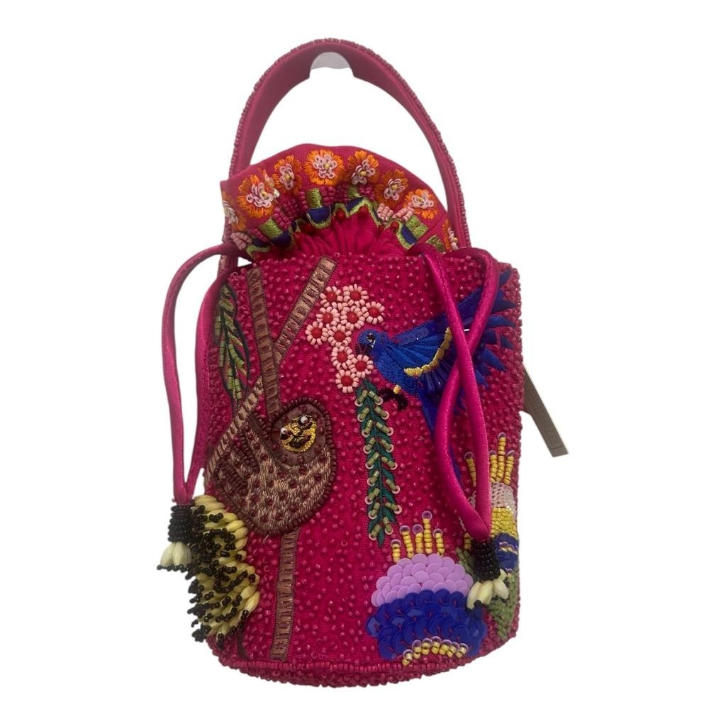 Bird Monkey Palm Tree Jungle Beaded Sequin Bucket Handbag Handcrafted in India
