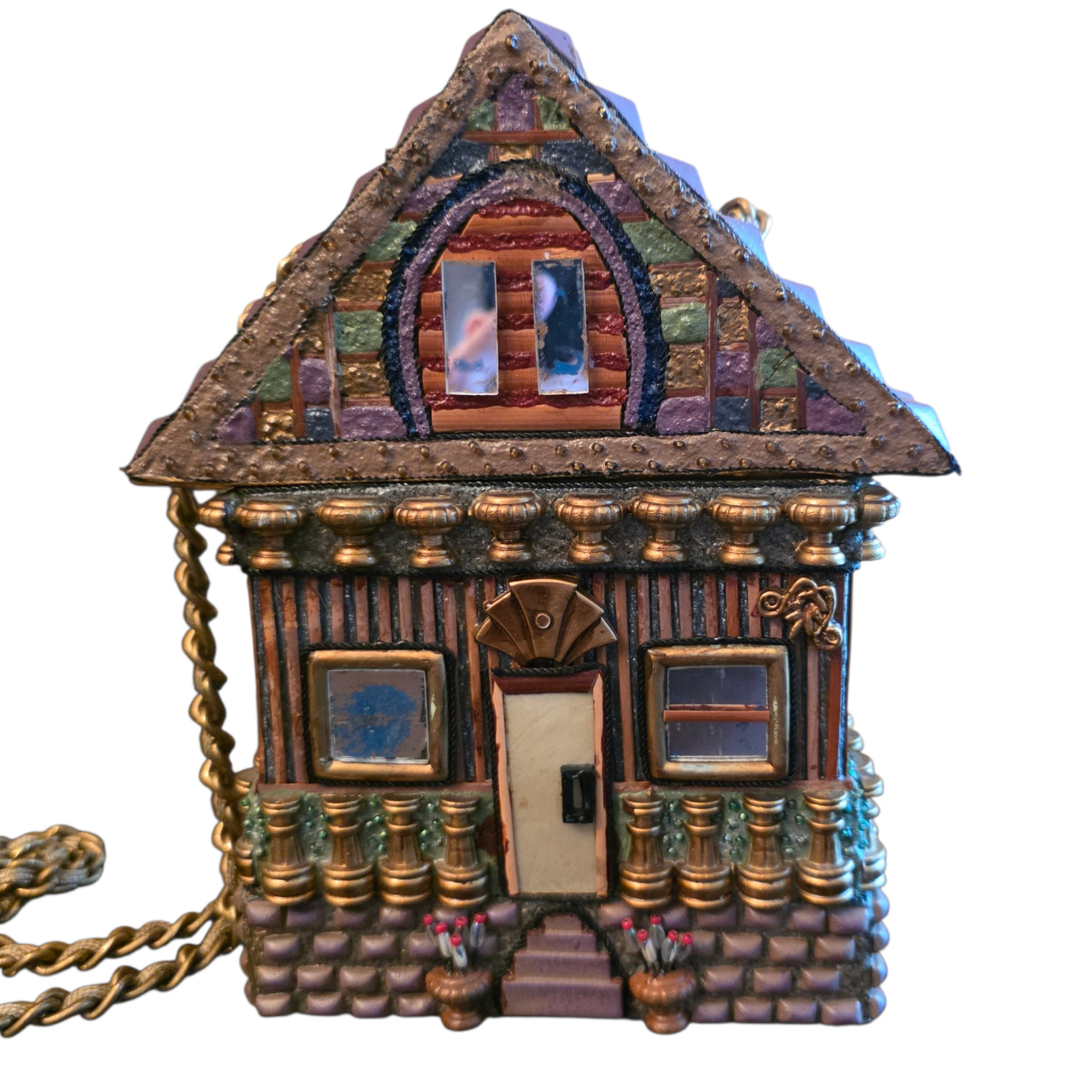 Wooden Hand Carved House Purse Novelty Box Bag Whimsical Cottage Style