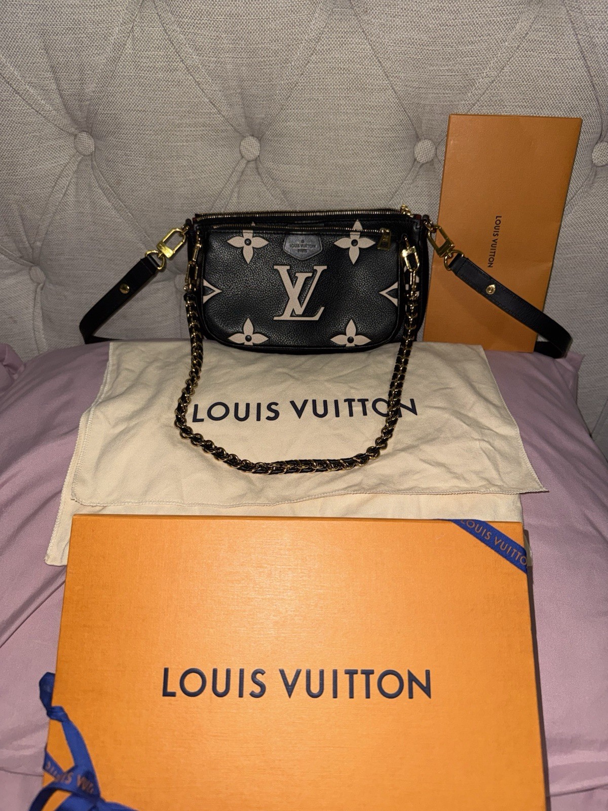 Louis Vuitton Monogram Mini Crossbody Black/Cream Zip Chain Strap Dust Bag