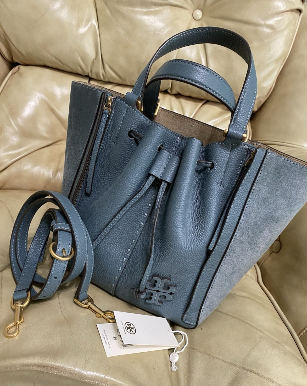 Tory Burch Dragonfly Leather Crossbody Bag Drawstring Suede McGraw Arctic Blue