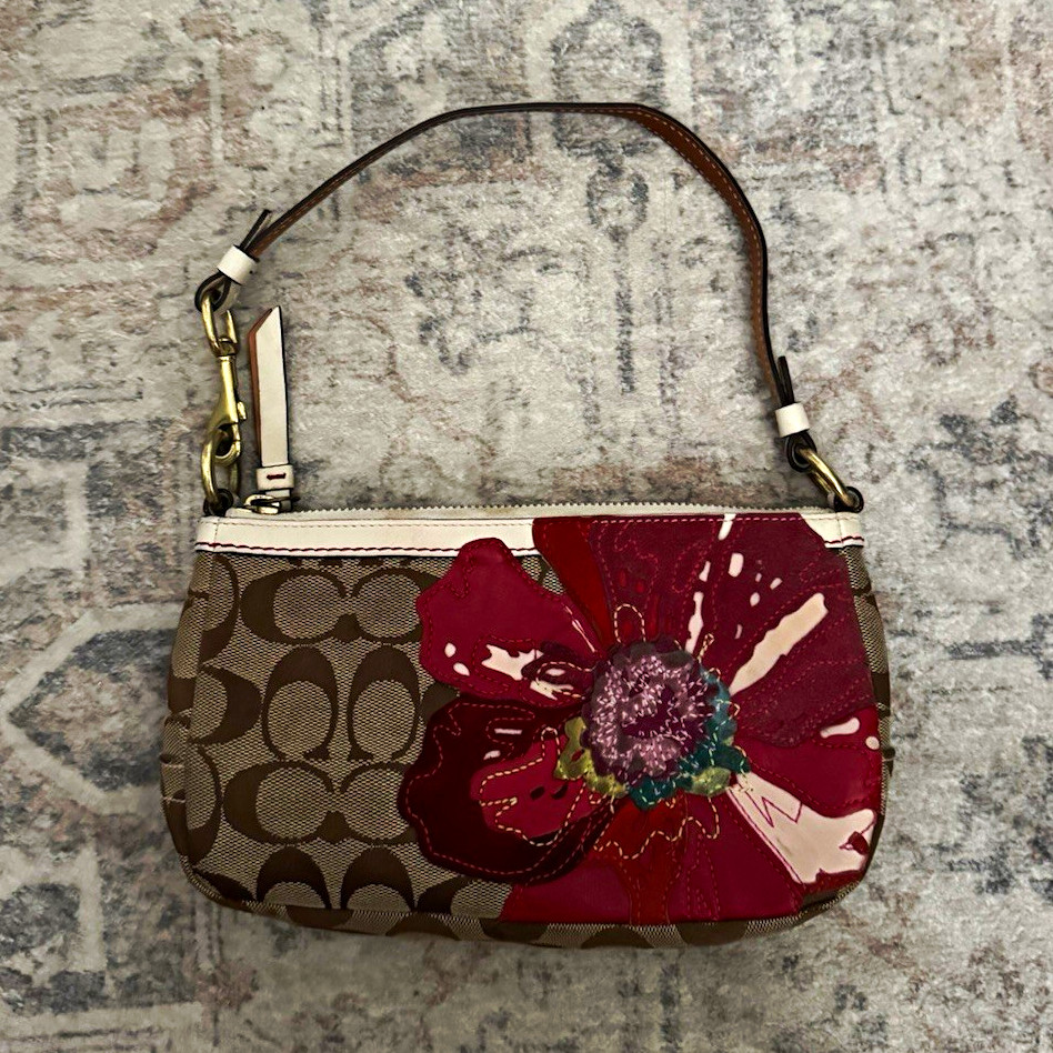Coach Signature Monogram Floral Zip Shoulder Bag Small Lined Pockets Gold