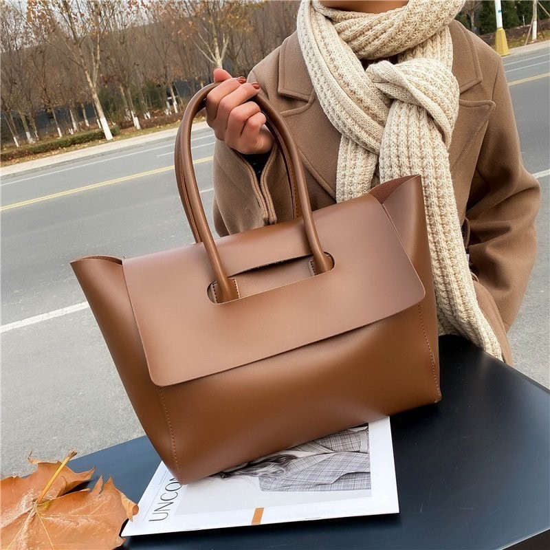 Fashion Women Large Capacity Tote Shoulder Bag Simple Retro PU Leather Handbag