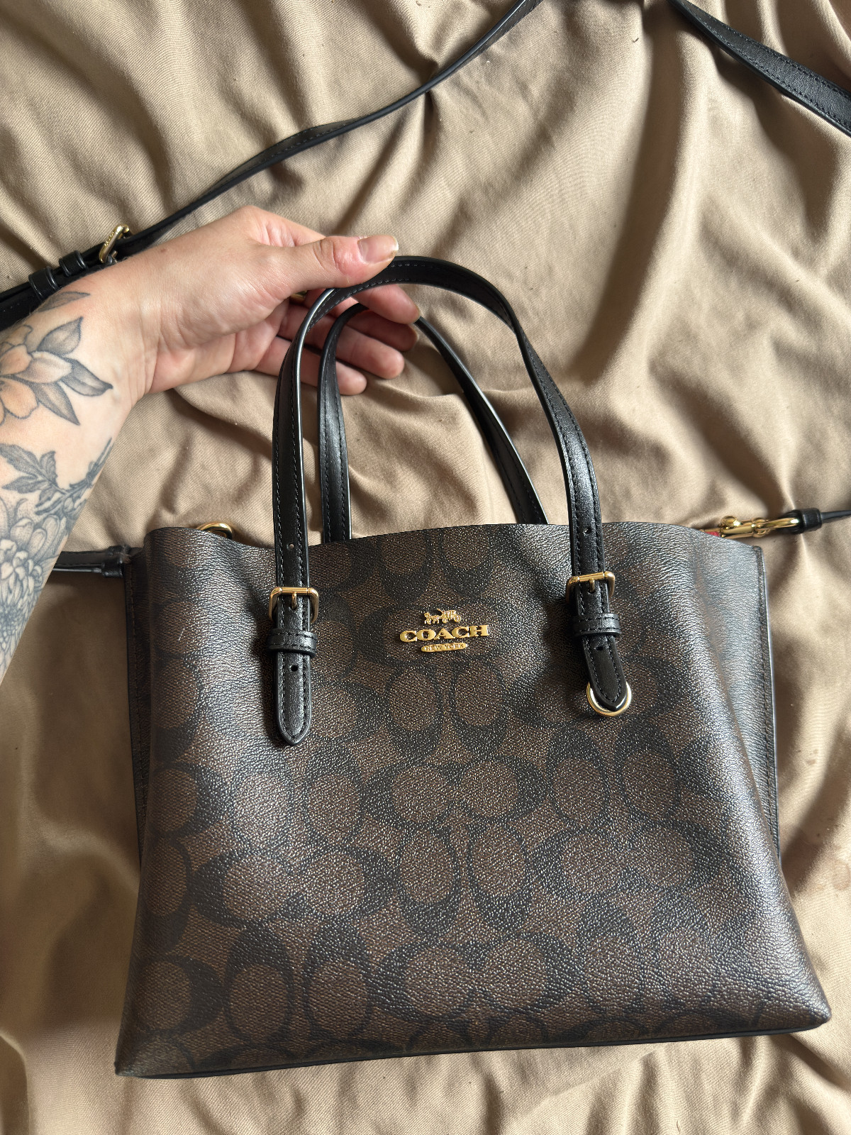 COACH Leather MOLLIE 25 Coated Signature Shoulder Tote Brown Black