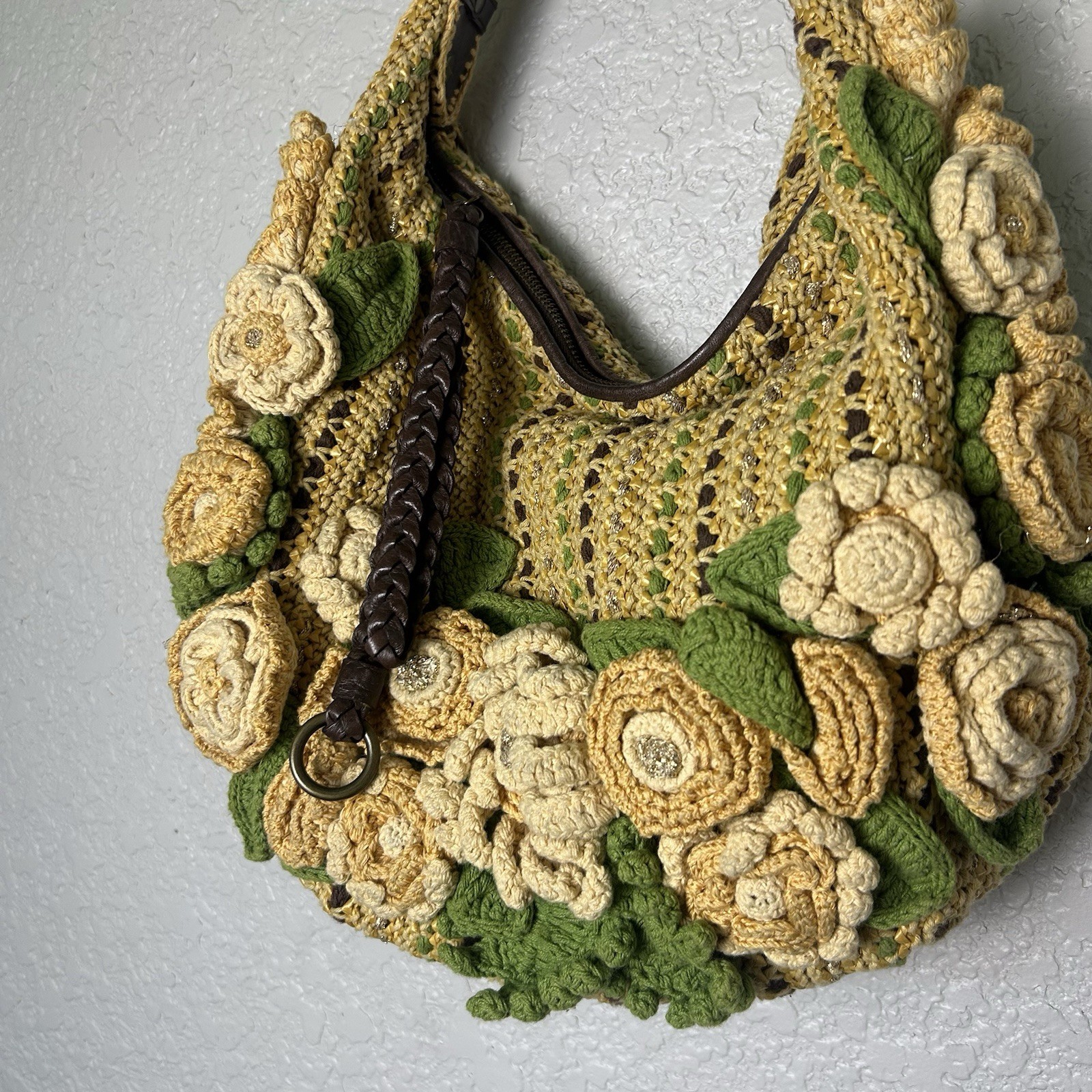 Vintage Isabella Fiore Woven Crochet Hobo Crescent Floral Shoulder Bag