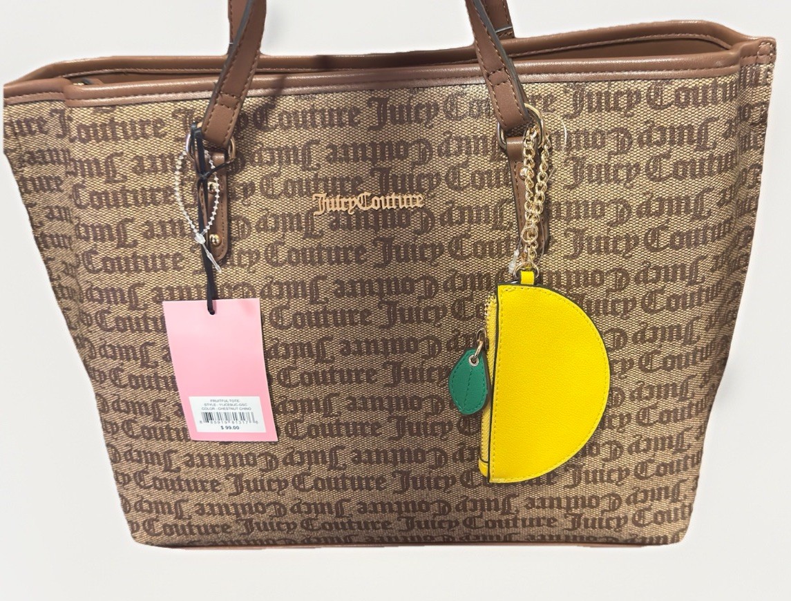 Juicy Couture Brown Logo Tote Bag Lemon Charm Gold Hardware Double Handles