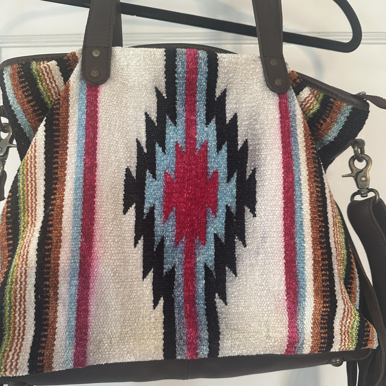 Montana Co Tote Bag Womens Large Southwestern Wool Leather Fringe Boho Purse