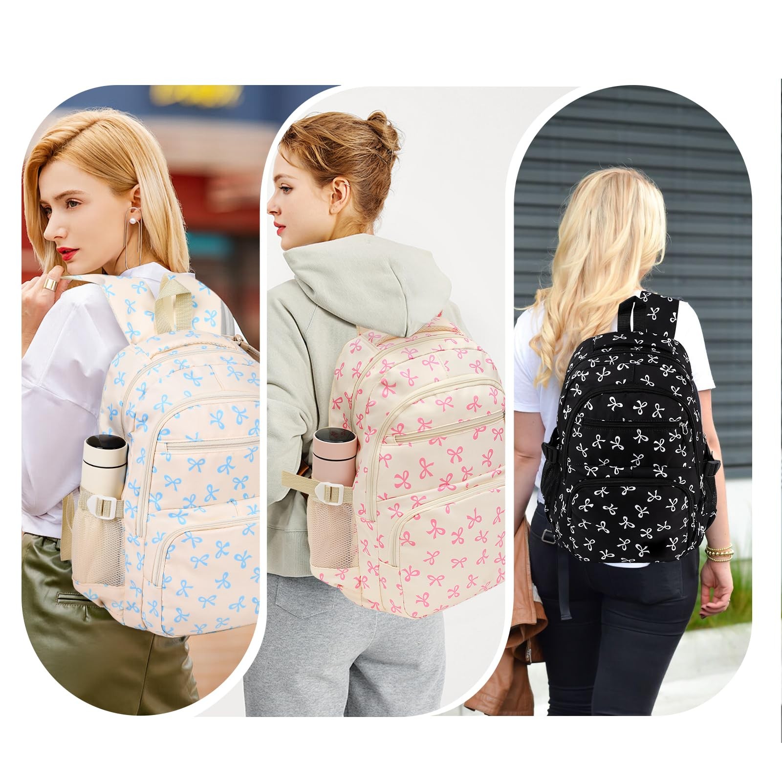 Cute Pink Bow Backpack Set for Women, Large Capacity Shoulder Bag 3PCS