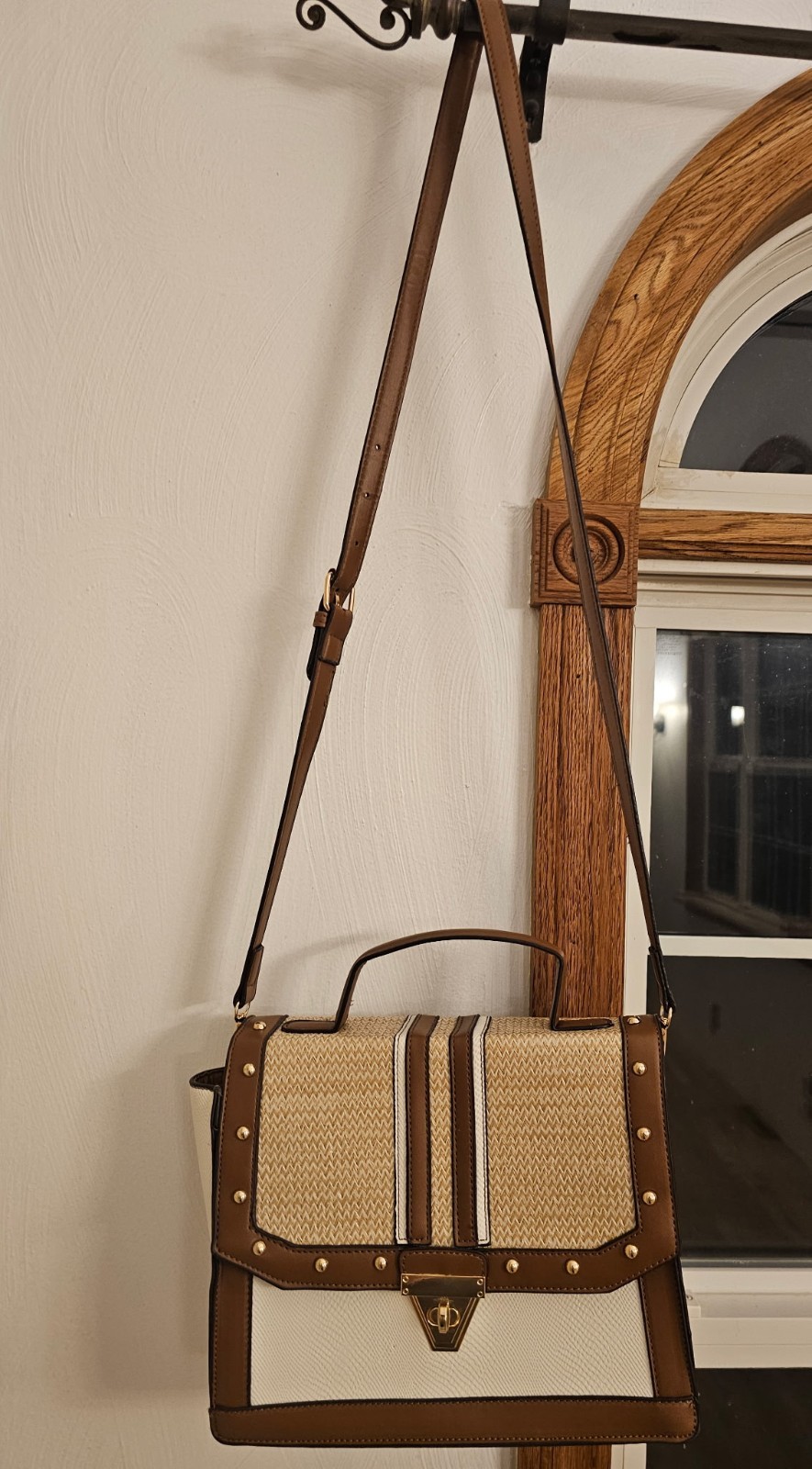 Adrienne Vittadini Brown Ivory Colorblock Crossbody Studded Turn Lock Gold