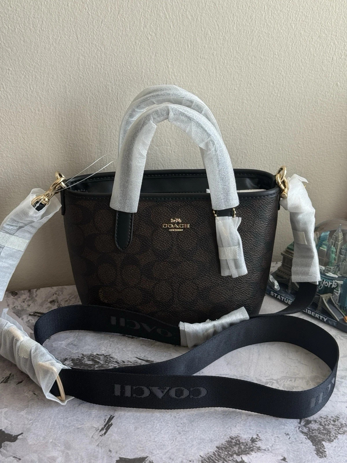NWT Coach City Mini Tote Bag Signature Canvas Gold Walnut Black CW032 Leather