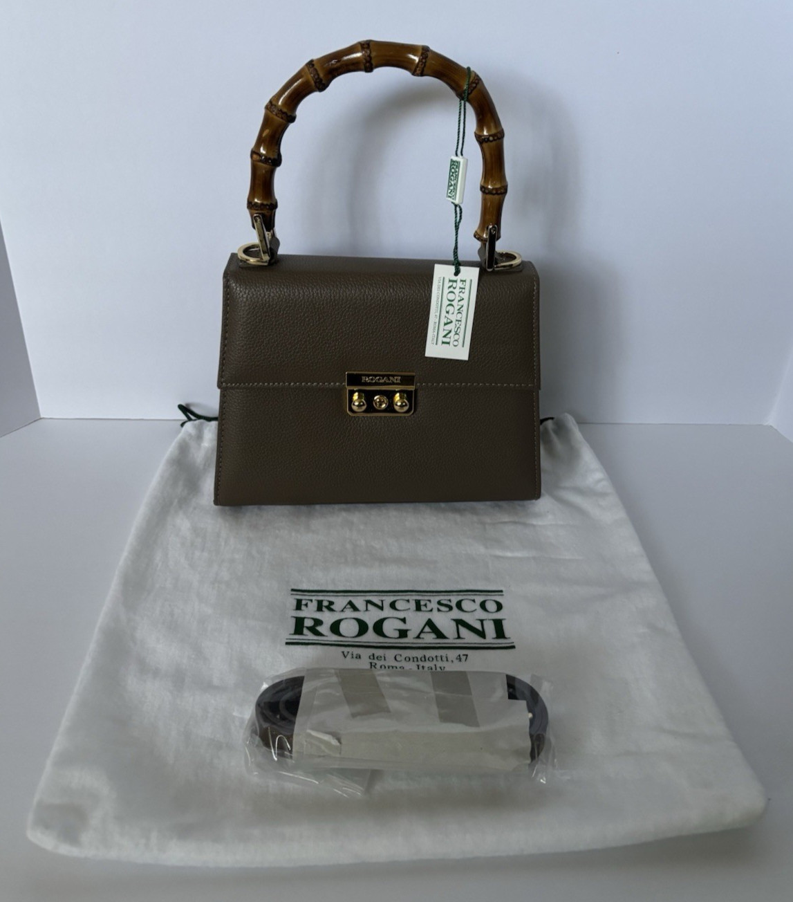 FRANCESCO ROGANI LEATHER BAG BRASS ACCENTS SHOULDER STRAP DUST BAG NWT