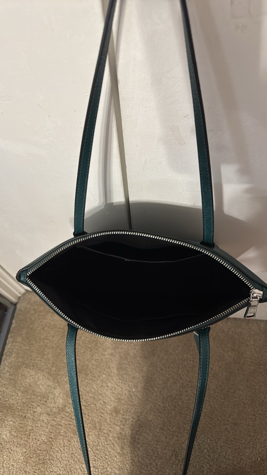 Coach Green Fiona Crossgrain Leather Zip-Top Tote Shoulder Bag Silver Hardware