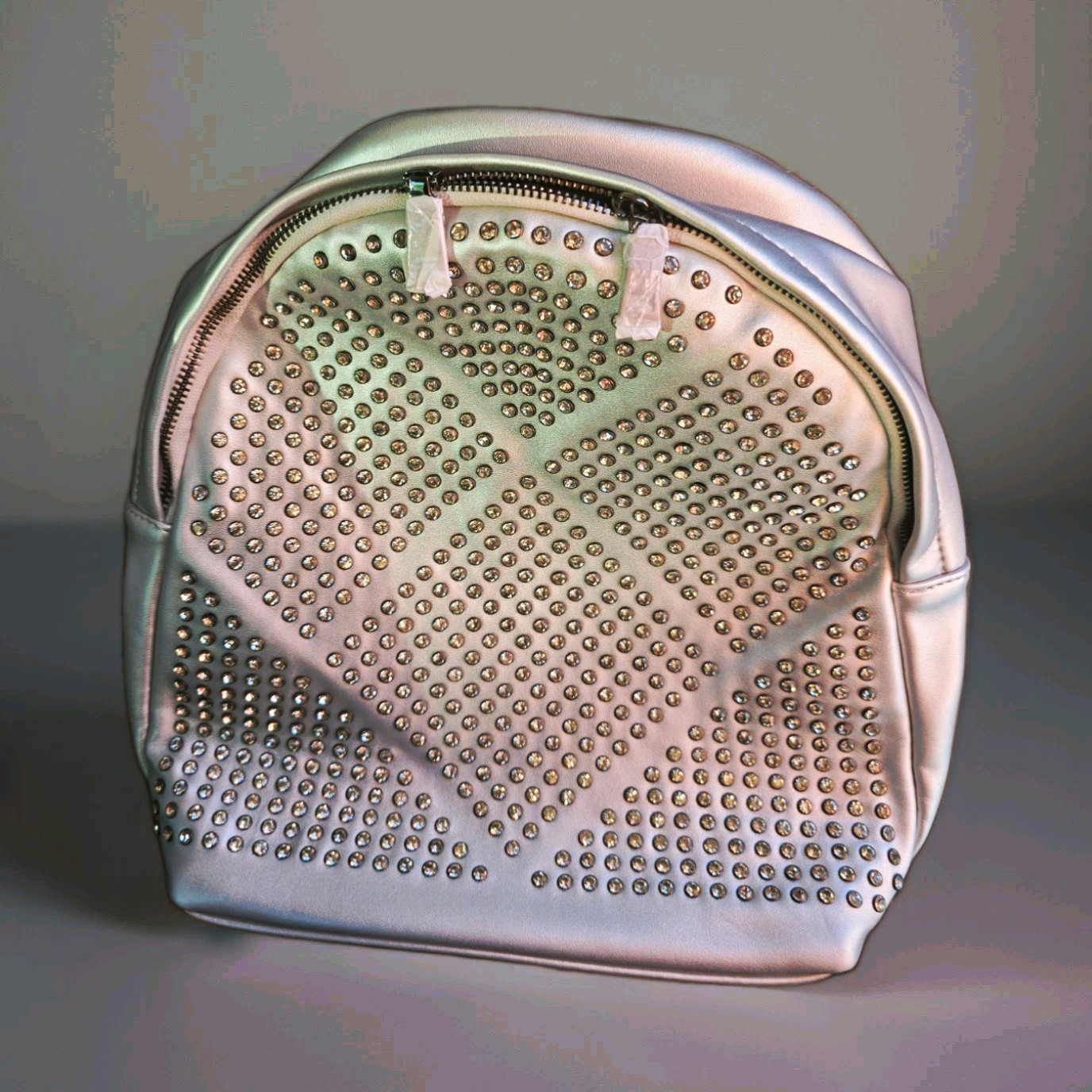 Women’s Silver Metallic Studded Heart Mini Backpack, Zip Closure, Strap