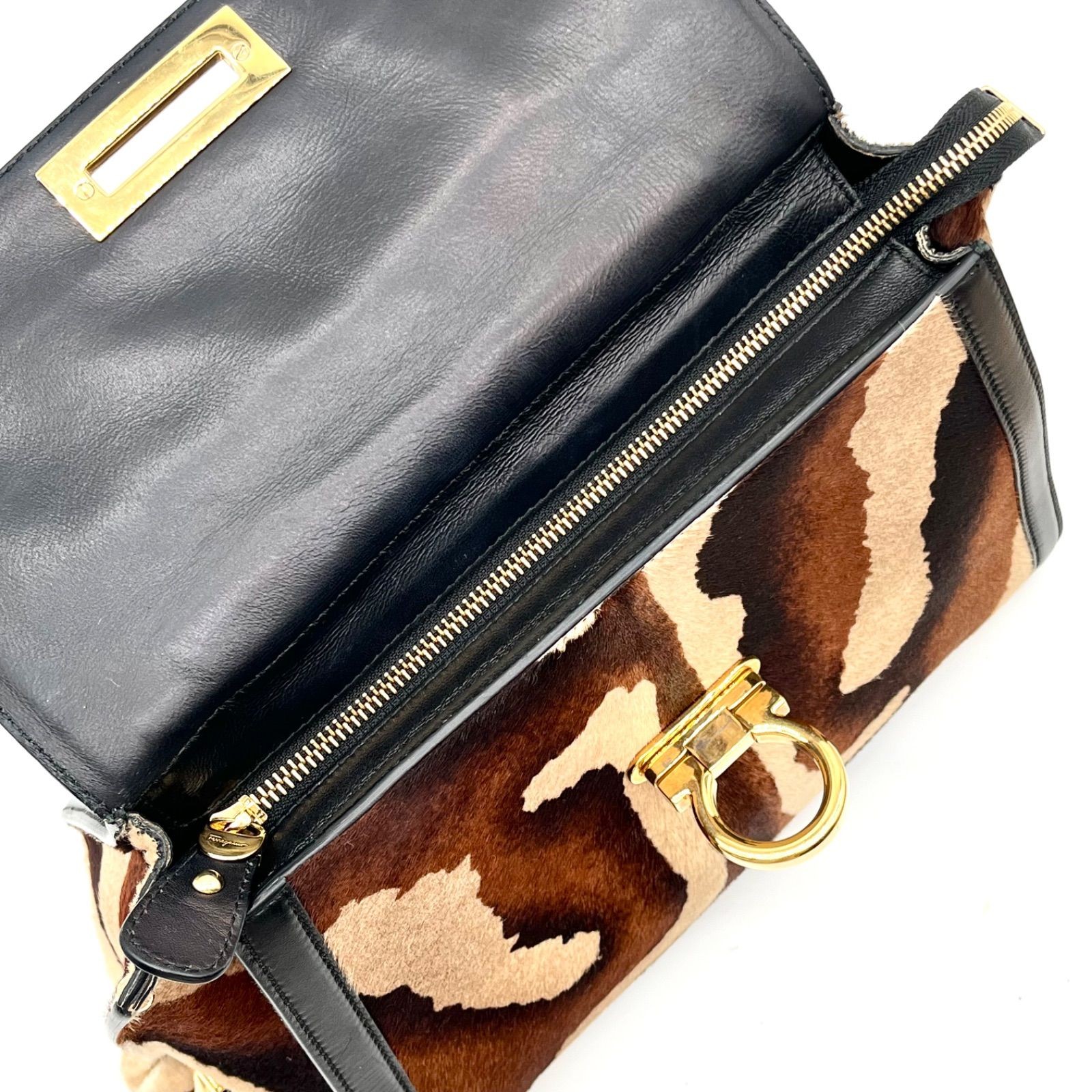 Auth Salvatore Ferragamo Sofia Gancini Pony Hair 2Way Handbag ShoulderBag 2Y9472