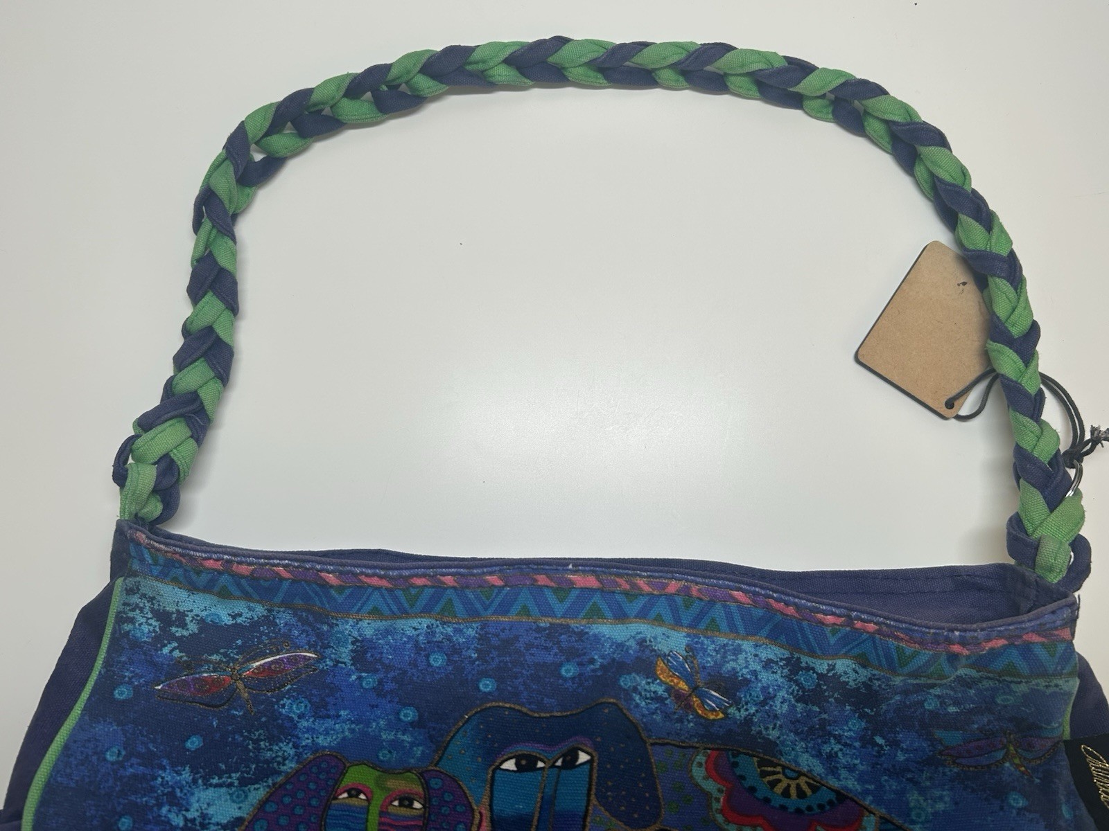 Laurel Burch Canvas Purse Tote Blue With Abstract Dogs Colorful Sequin Bag Charm