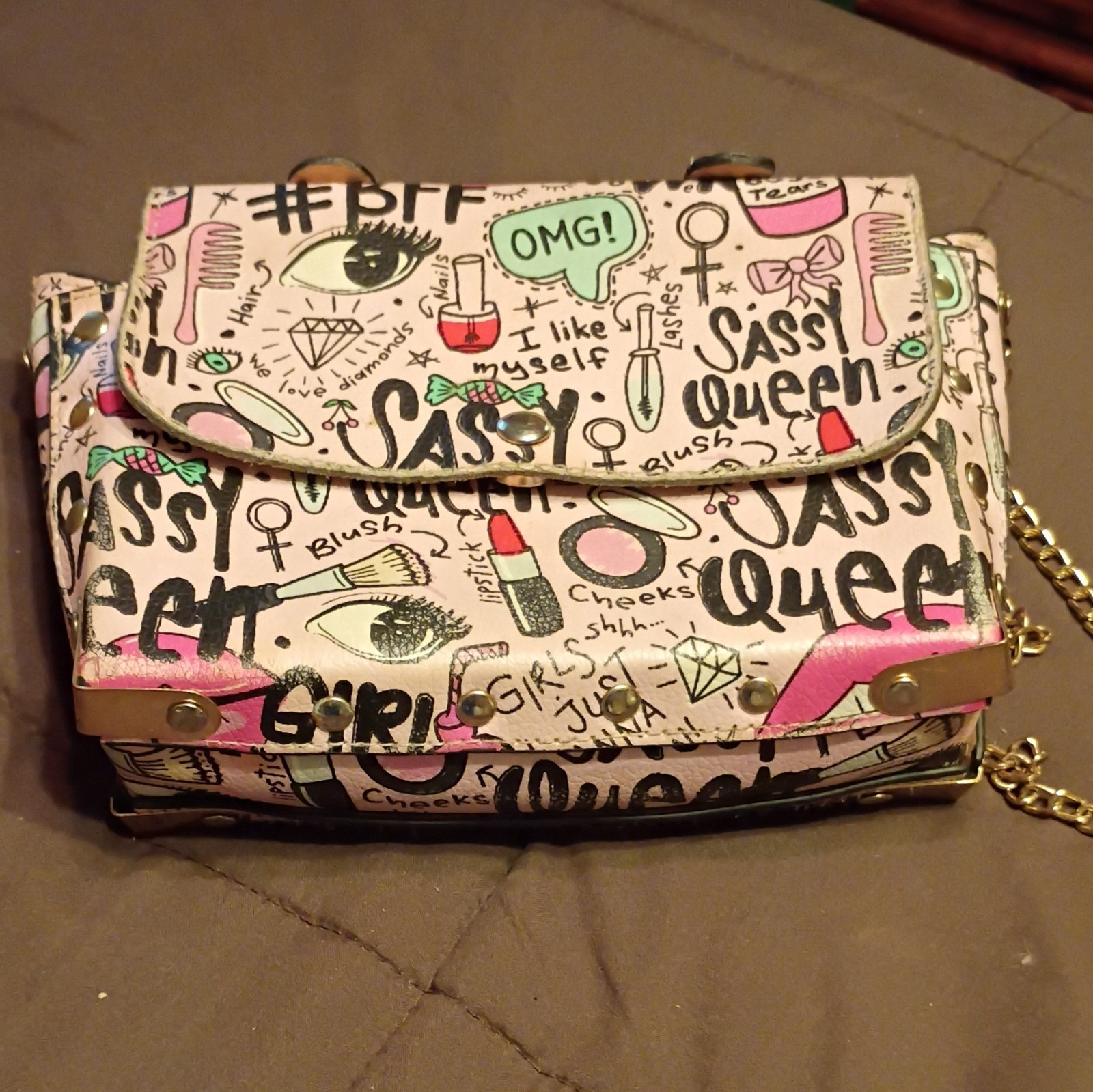 Multicolor Graphic Print Small Shoulder Bag Gold Chain Strap Metal Handle