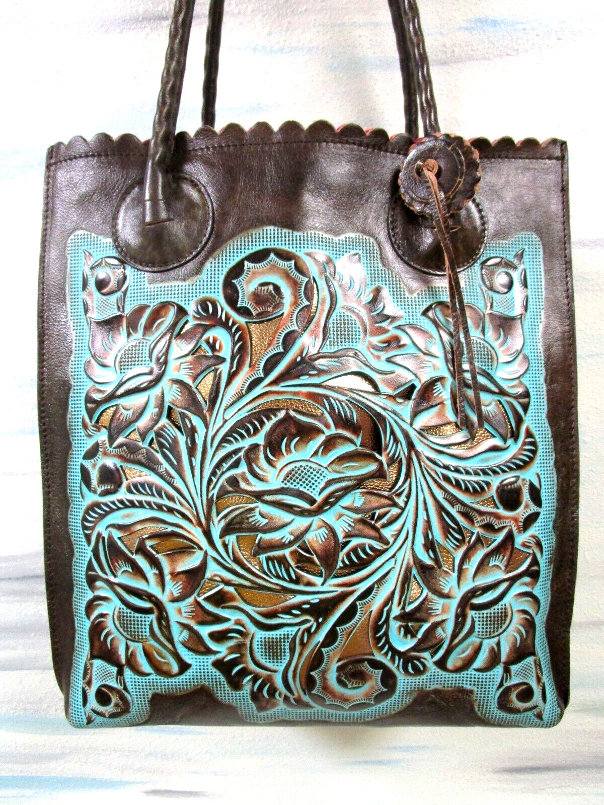Patricia Nash Cavo Turquoise tooled leather cut out tote shopper purse – Nwt