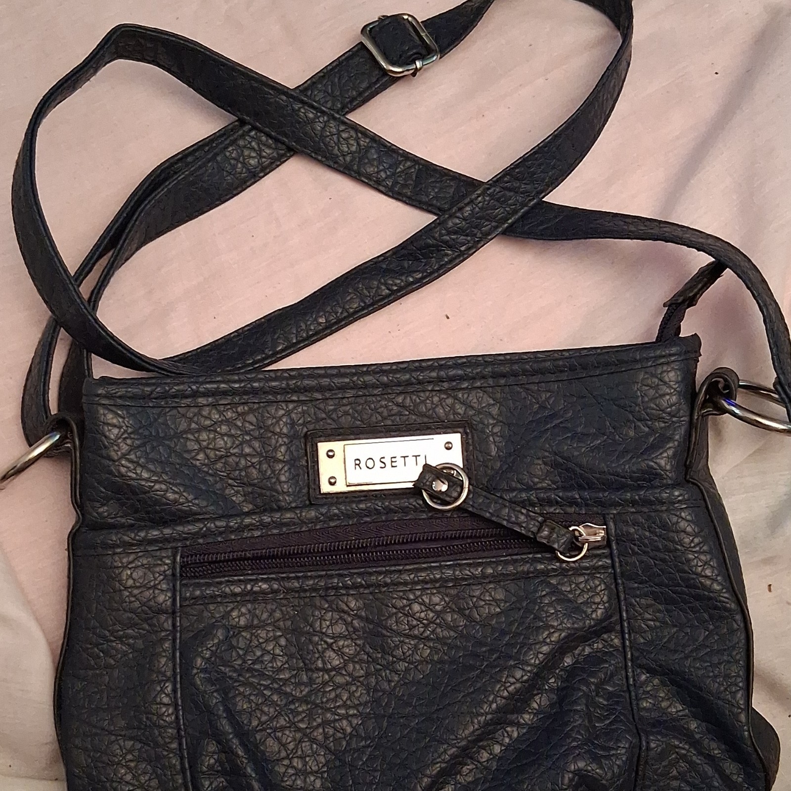 Rosetti Black Crossbody Bag Zip Top Adjustable Strap Front Zip Pocket