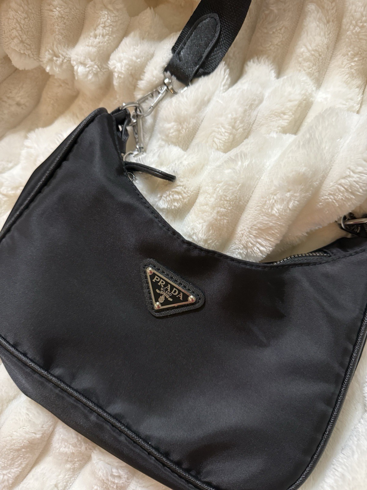 Authentic Prada Re-Edition 2005 Re-Nylon Black Shoulder Bag w/ Pouch & Logo Stra