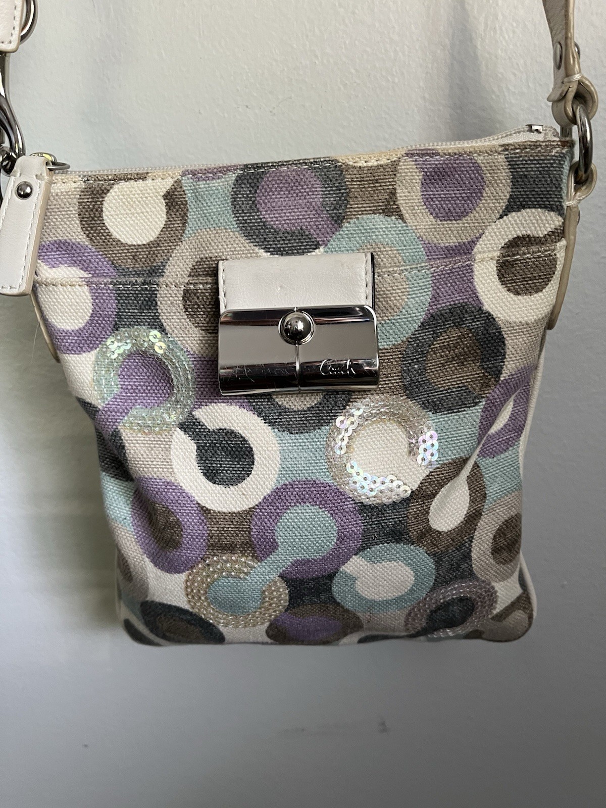 Coach Kristin Crossbody Bag Purse Sequin Logo OP Art Canvas Purple Blue