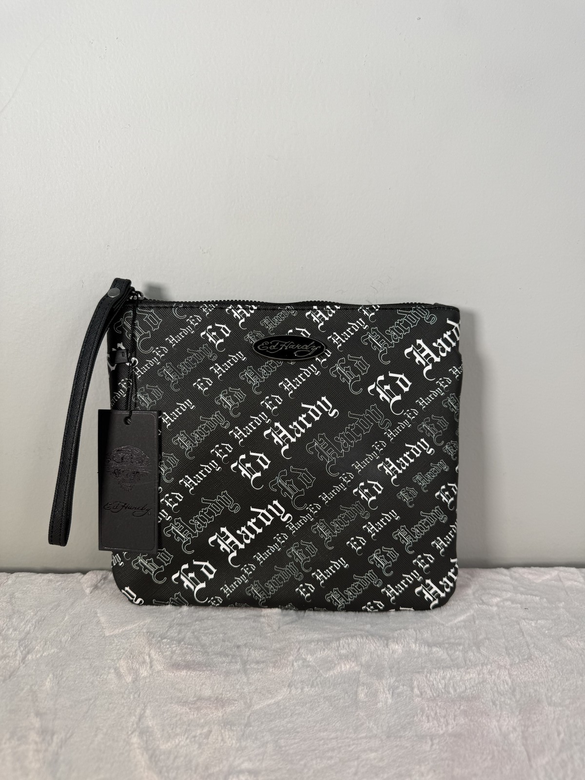 Ed Hardy black gothic monogram wristlet pouch