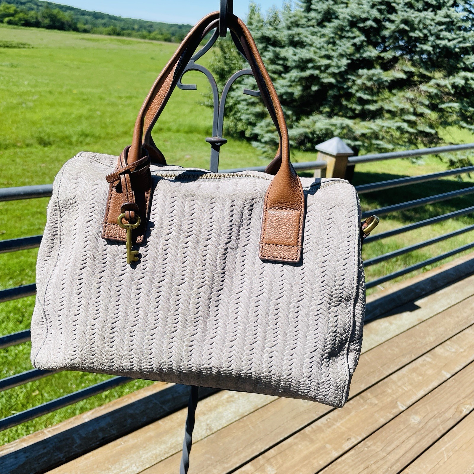 Fossil Fiona Satchel Bag Doctor Western Woven Cowhide Leather Suede Light Grey