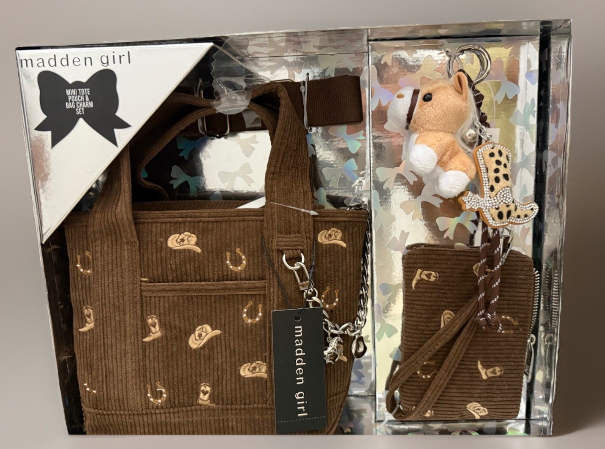 Madden Girl-Curdoroy Cowgirl Boots Brown Tote Set With Horse, boot &mini purse