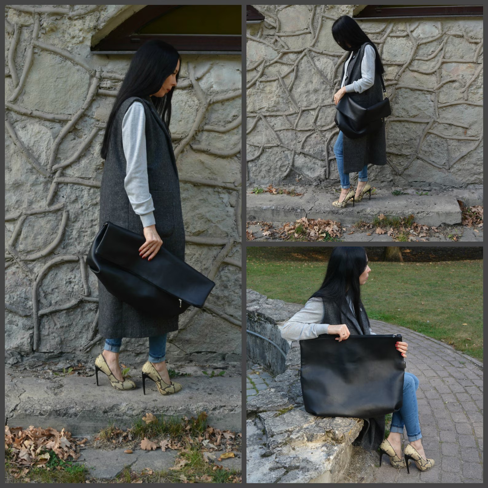 Oversize 3 in 1 Leather Clutch Shoulder Bag Tote