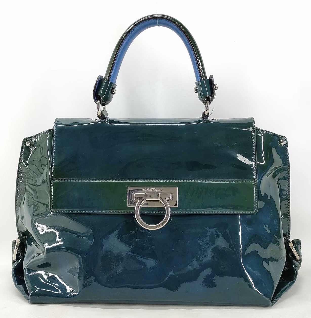 Salvatore Ferragamo Gancini Handbag Patent Leather Green/Blue Translucent W/COA