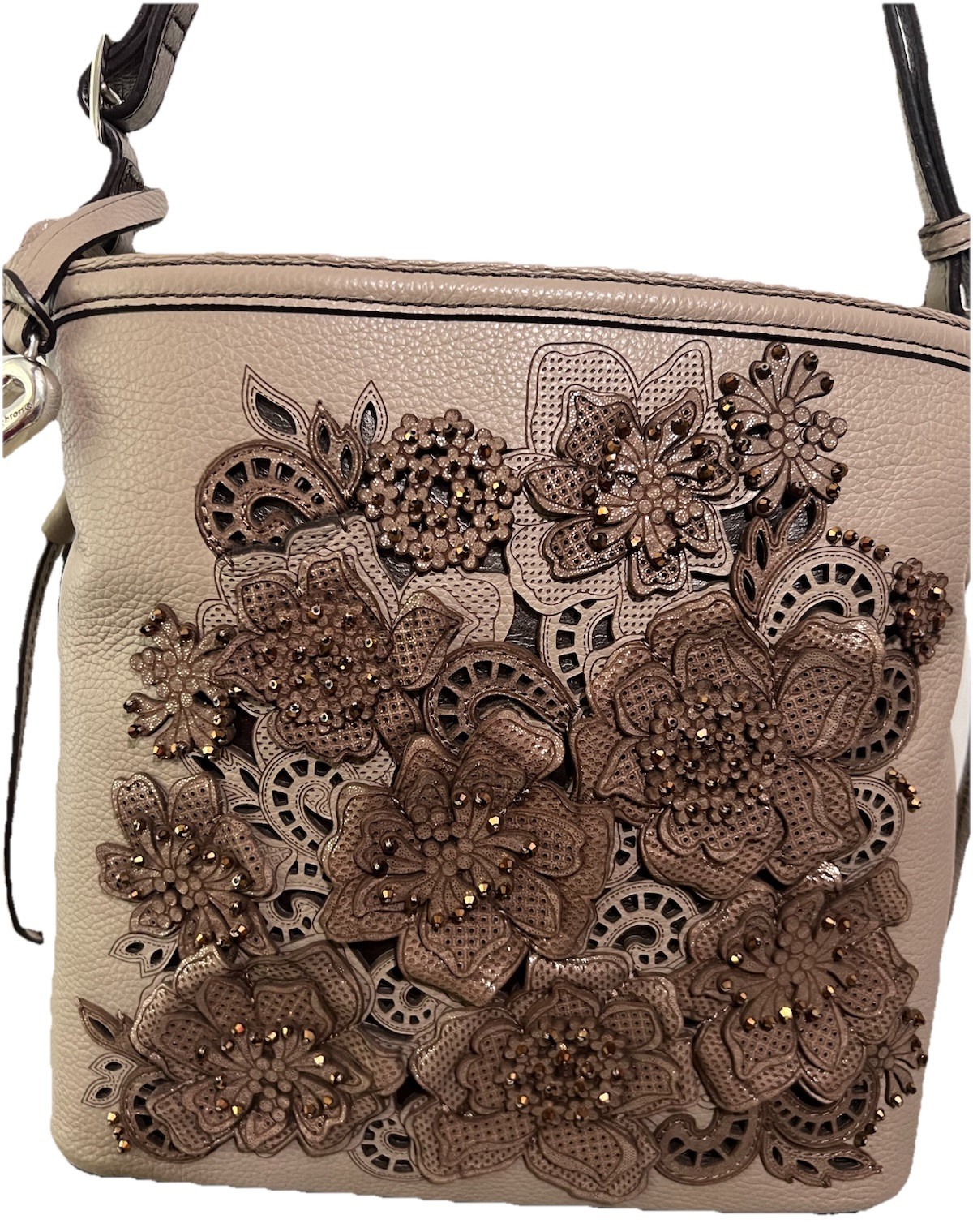 BRIGHTON NICOLLETTE FRENCH FLOWERS 3D raised flowers ORGANIZER CROSSBODY BAG
