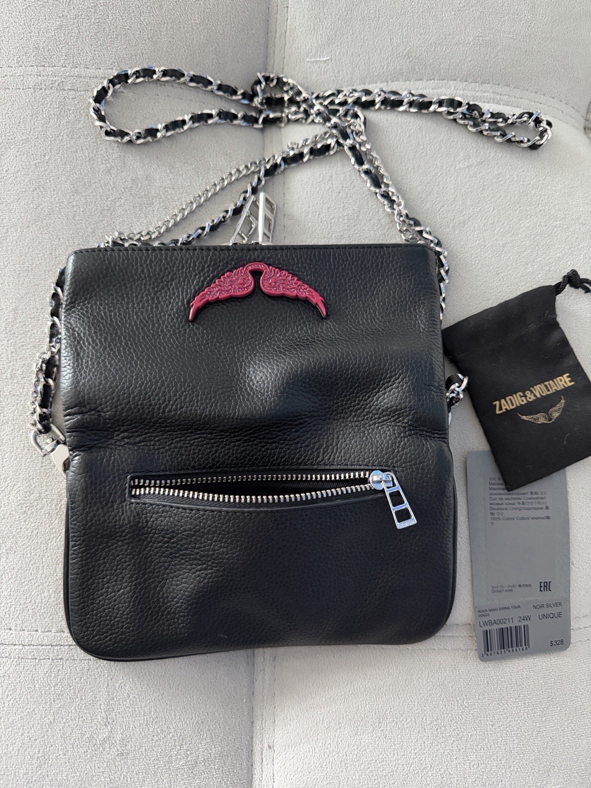 Zadig & Voltaire Rock Nano Swing Your Wings Black Grained Crossbody Bag