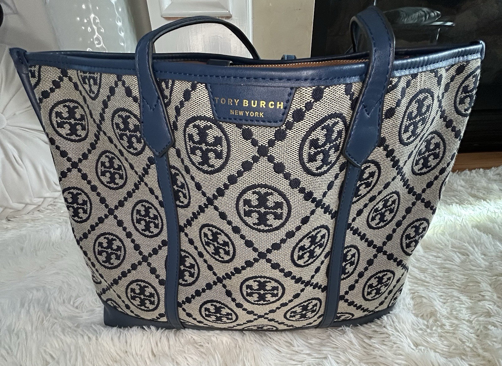 Tory Burch Canvas Monogram Tote Navy Blue Leather Trim Shoulder Bag Large