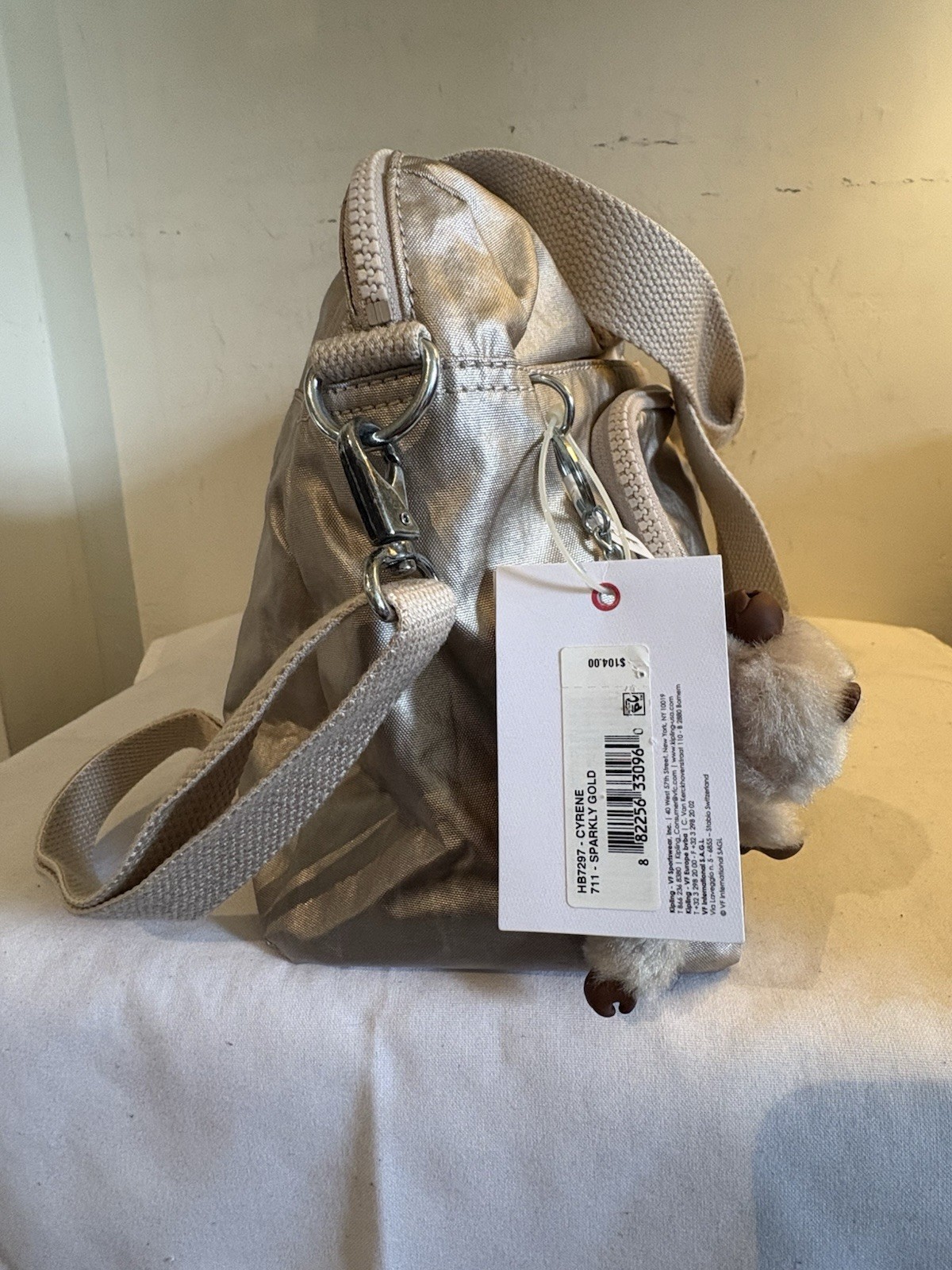 New Kipling Cyrene Crossbody/Shoulder Bag Metallic Gold/Tan Monkey Charm NWT