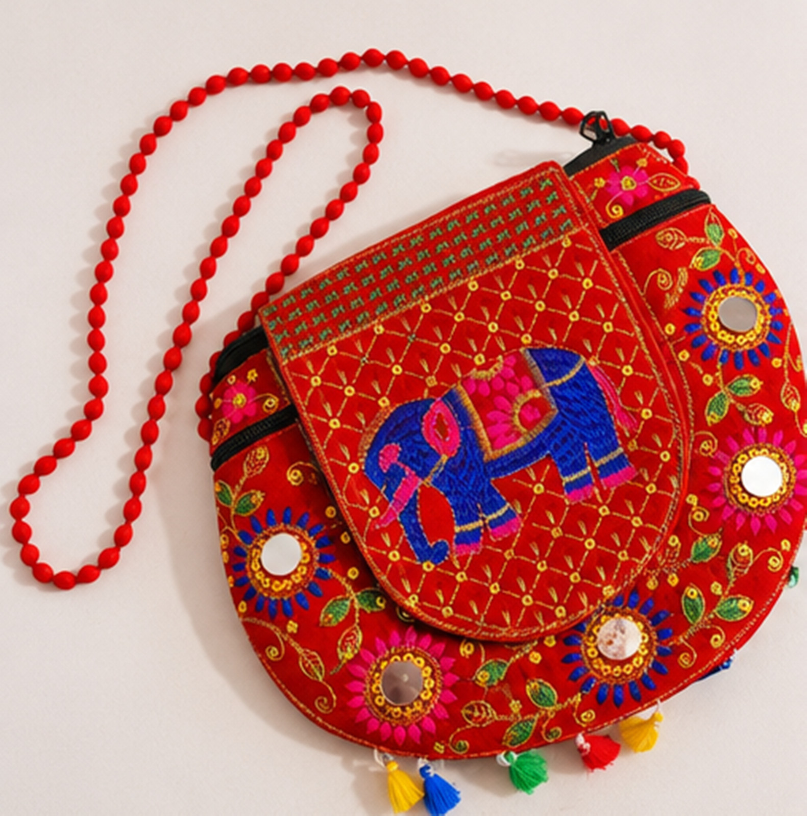Handmade Elephant Embroidered Crossbody Bag, Red Boho Shoulder Purse