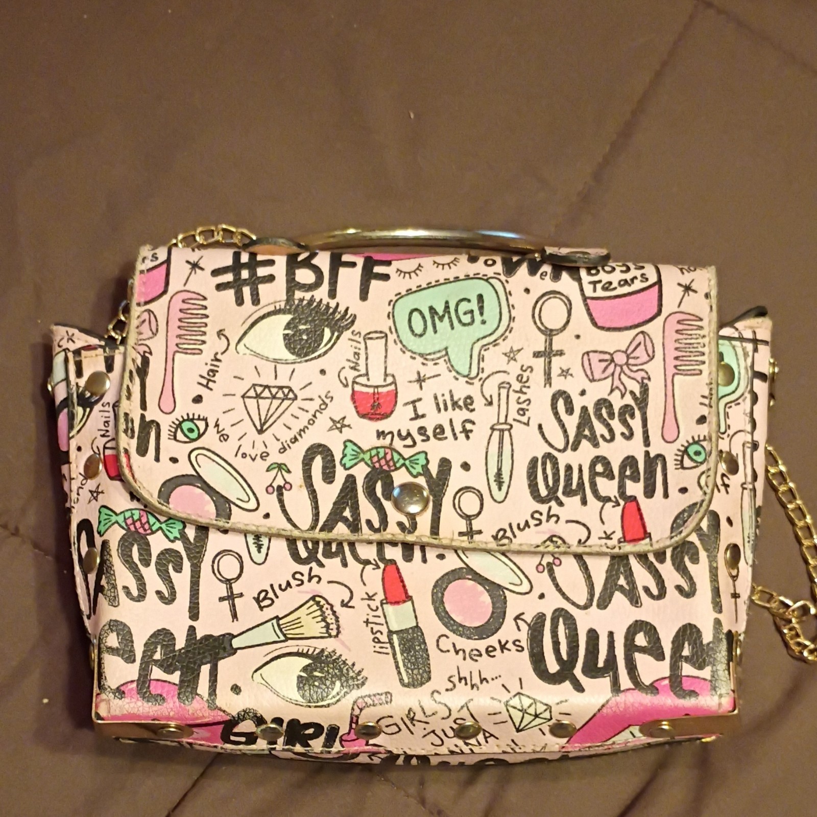 Multicolor Graphic Print Small Shoulder Bag Gold Chain Strap Metal Handle