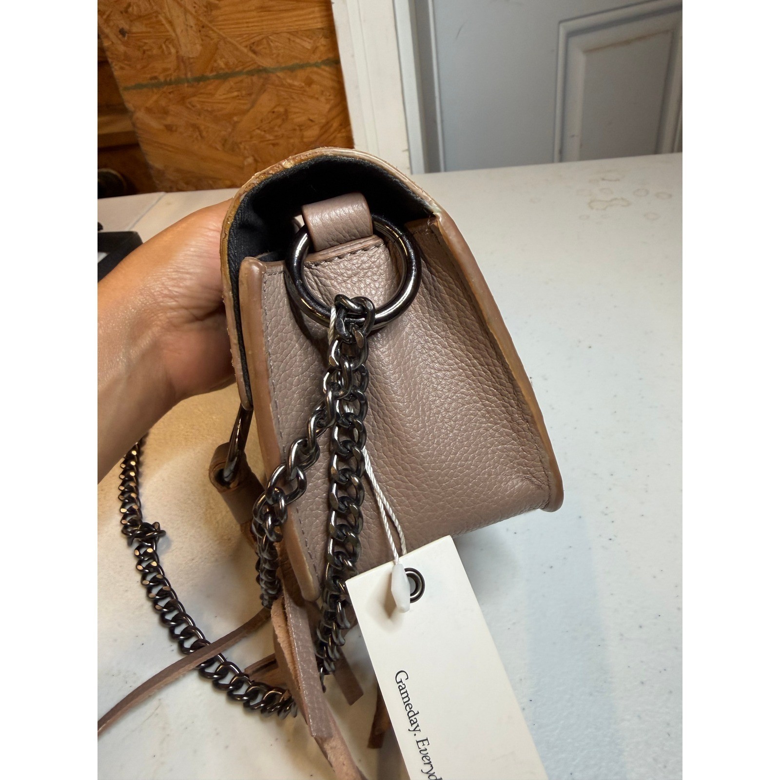 Purseption by B+L Snakeskin Embossed Leather Tassel Crossbody Bag Taupe Multi