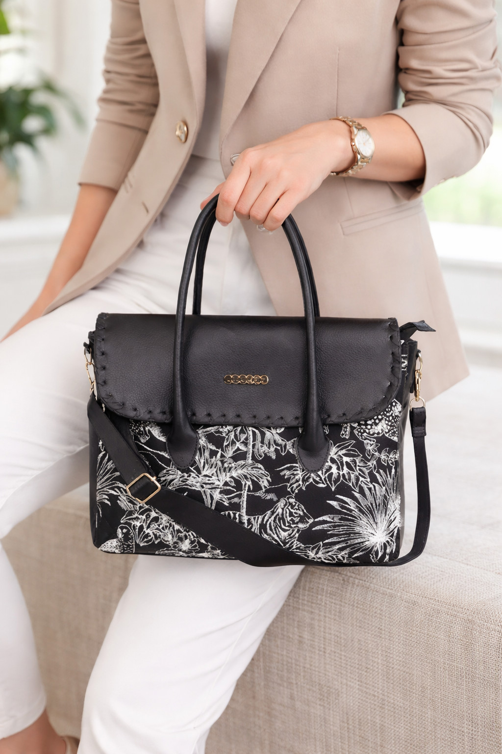 Black Jungle Print Structured Handbag with Crossbody Strap