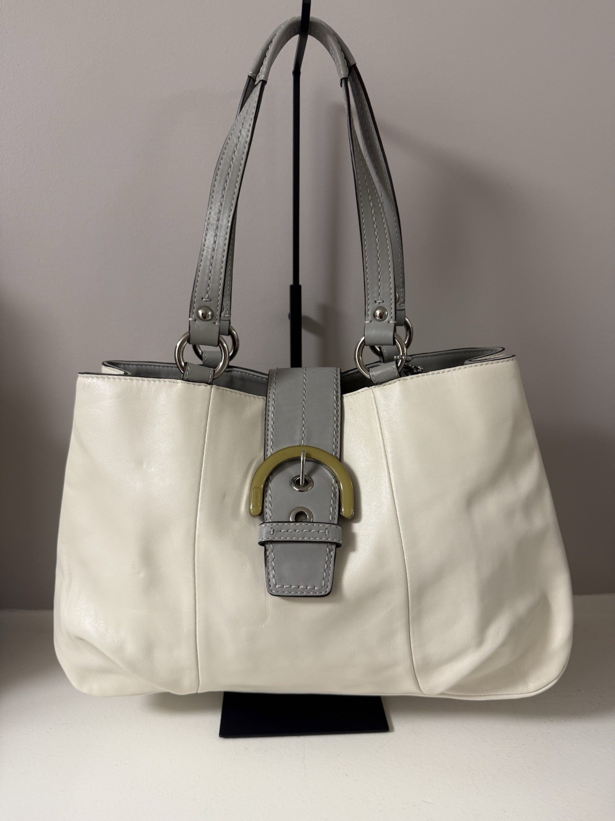 Coach White/Gray Medium Zip Tote Bag, Buckle Accent, Luggage Tag, Pockets