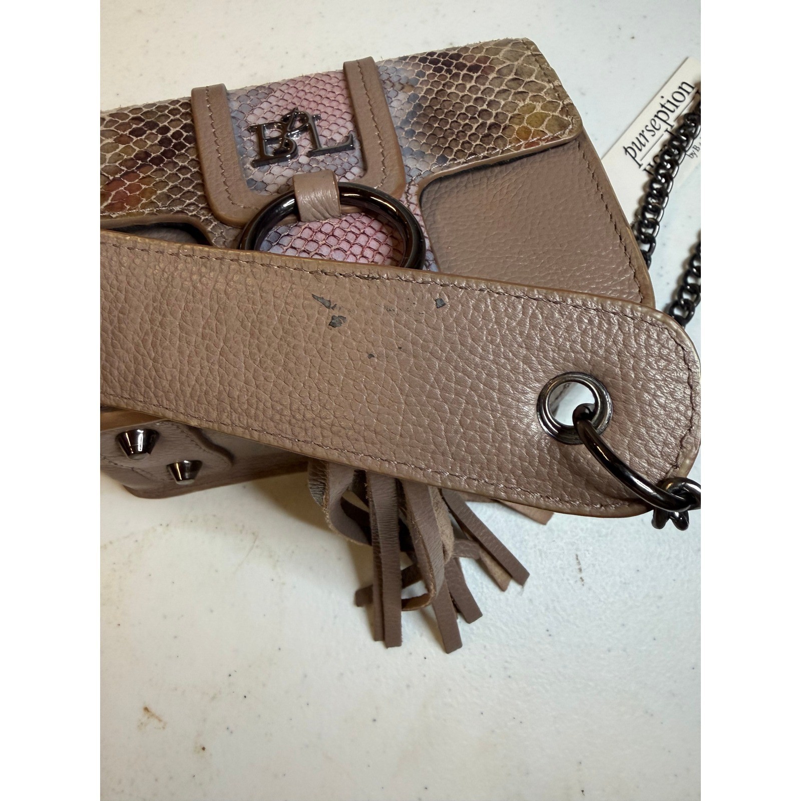 Purseption by B+L Snakeskin Embossed Leather Tassel Crossbody Bag Taupe Multi