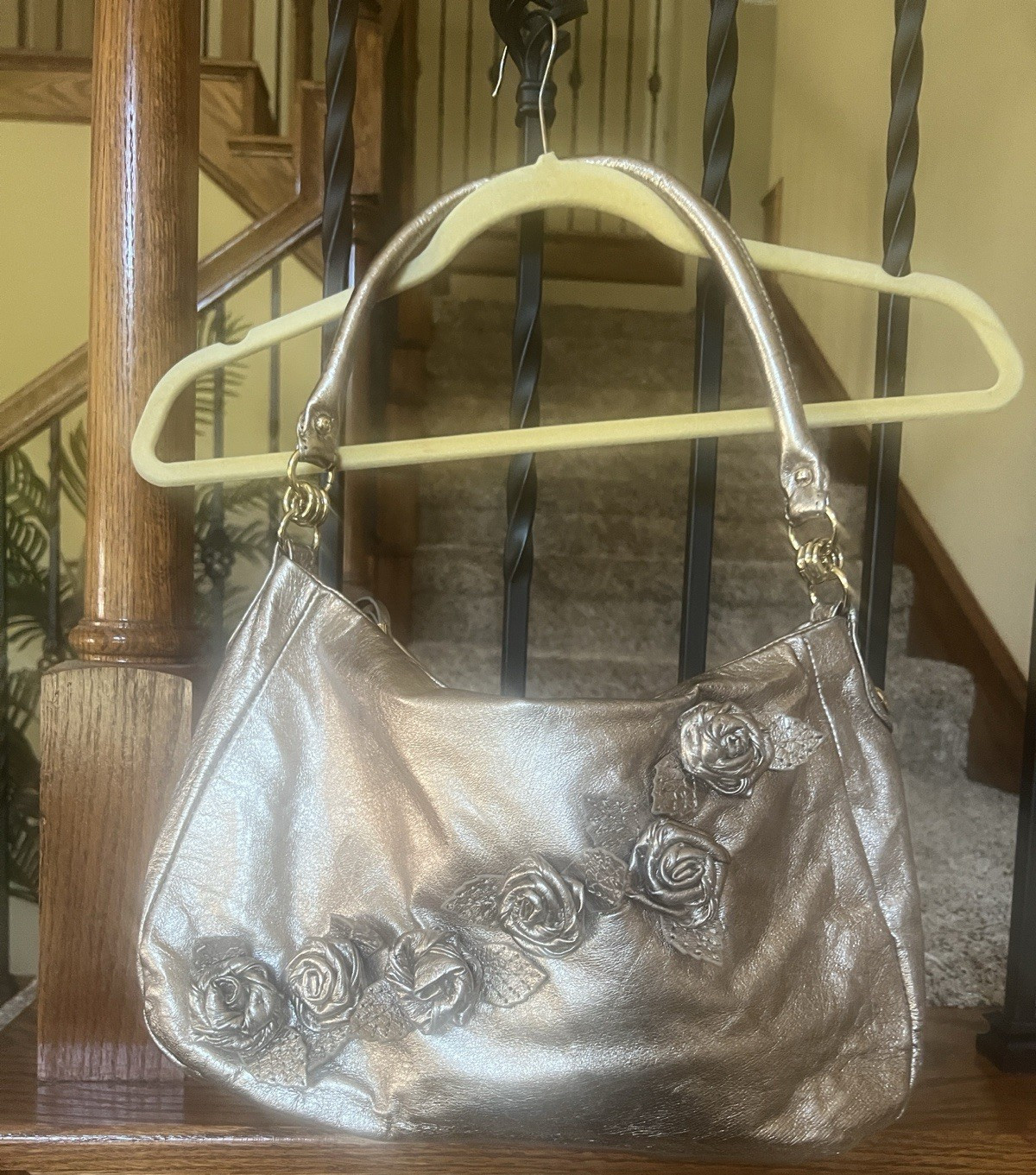 Elliott Lucca Metallic Silver Shoulder Bag Floral Applique Zip Pockets Gold