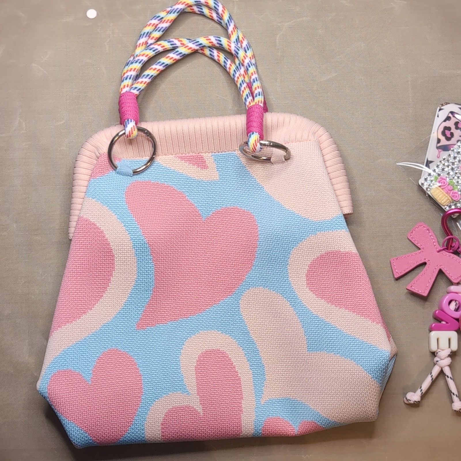Women’s Small Pink/Blue Hearts Tote Bag, Rope Top Handle, Lined Pockets, Charm