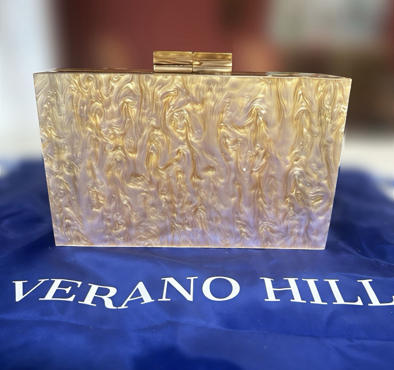 Elegant Acrylic Clutch Purse Bag With Marbling And Gold Chain Strap, New