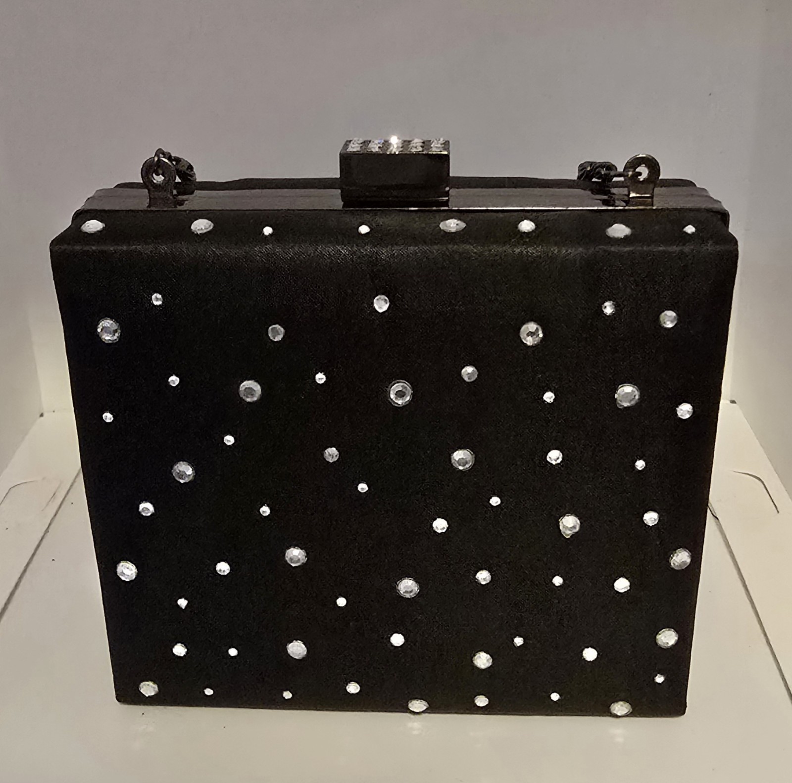 Rhinestone Studded Small Square Black Evening Purse With Chain Strap